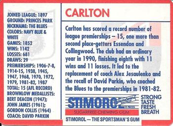 1991 Scanlens Stimorol #78 Carlton Blues Back